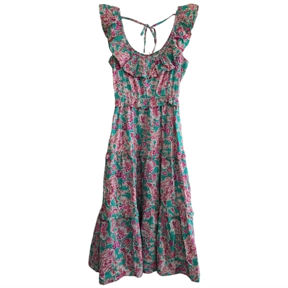 J. Crew Green Floral Swiss Dot Ruffle Tiered Midi Dress Cotton 00